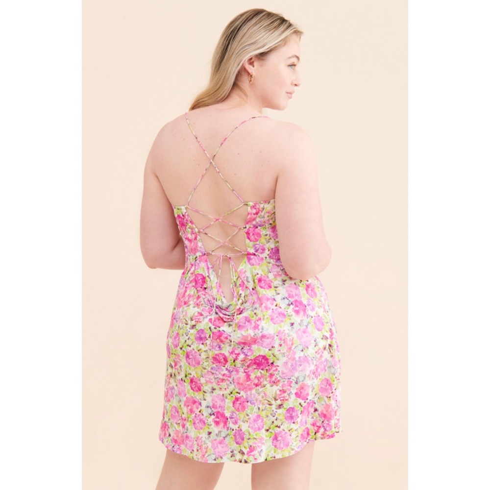 New For Love and Lemons Paulina pink and green floral lace up mini dress XL - Picture 3 of 9